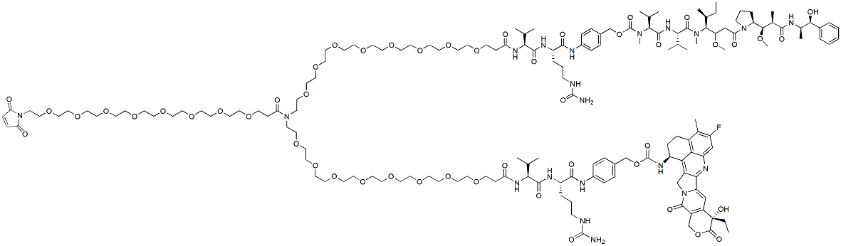 Molecular structure of the compound: N-(Mal-PEG8)-N-(PEG8-Val-Cit-PAB-MMAE)-N-(PEG8-Val-Cit-PAB-Exatecan)